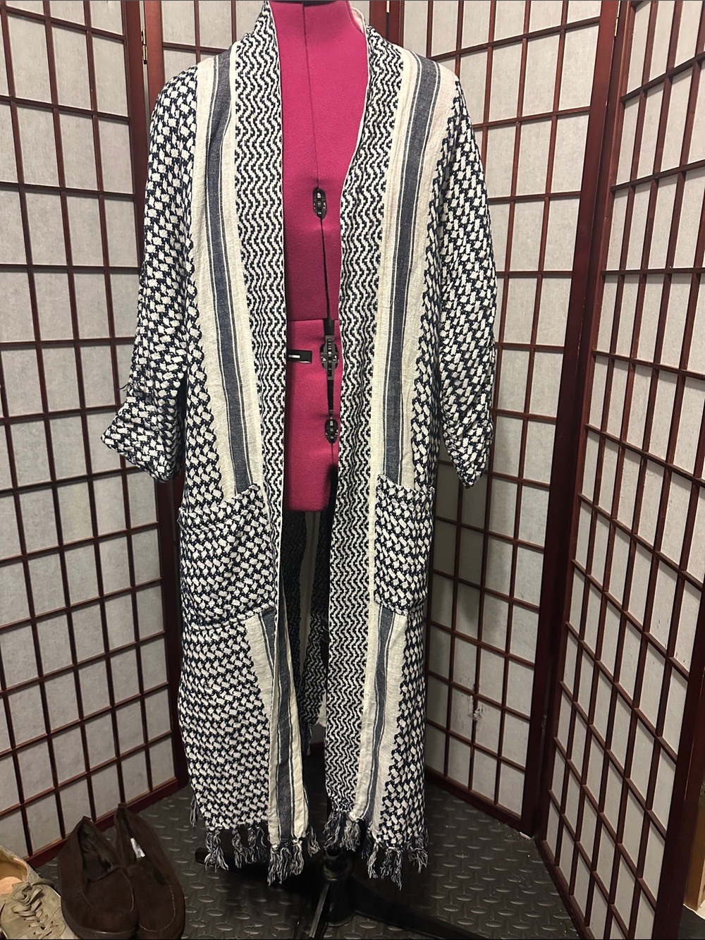 Garnet Hill Black & Cream Long Open-Front Knit Cardigan with Fringe
